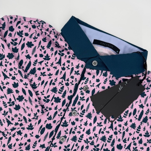 Greyson Magical Ferns Polo Shirt Mens Pink Leaf Print‎ Golf Casual M Mauve Mist